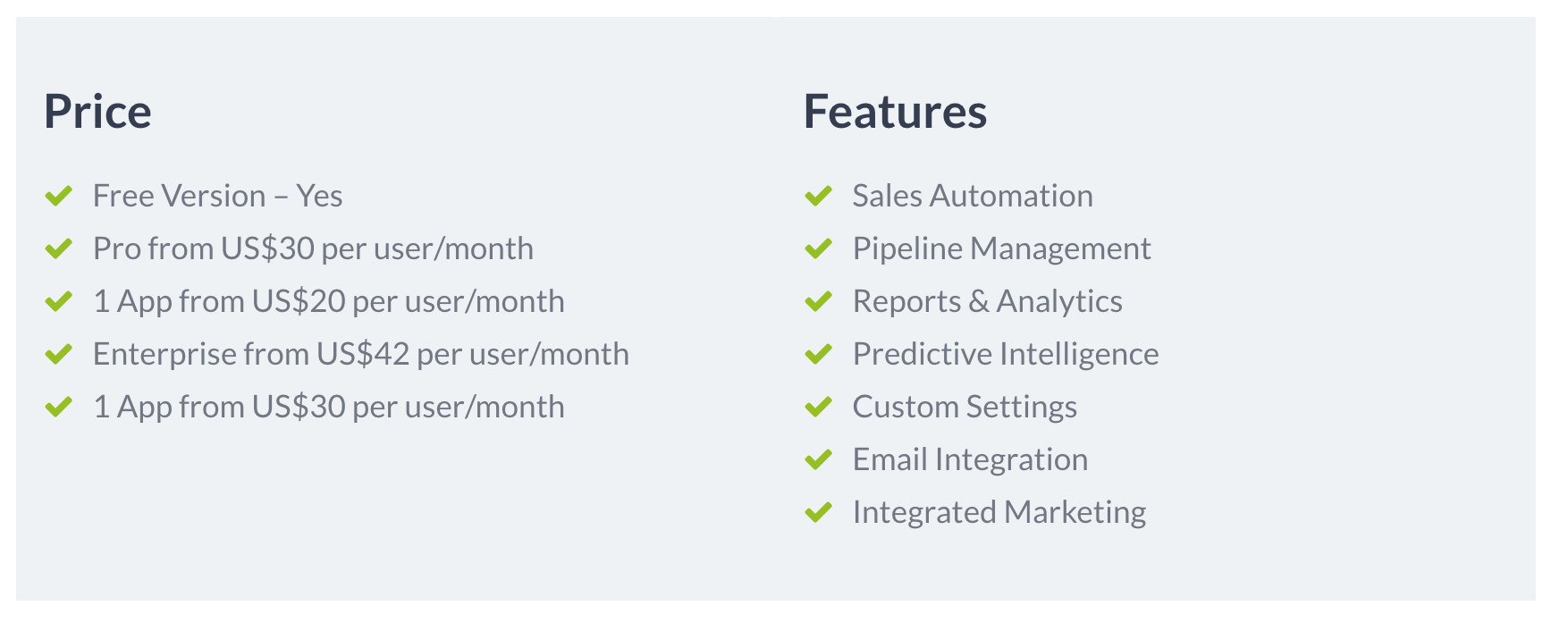 vtiger price feature